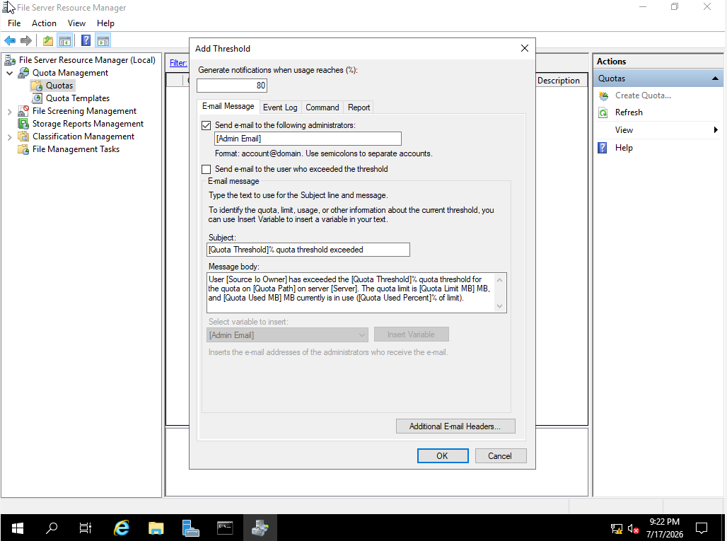 Add Threshold dialog configuring email notification at usage percentage
